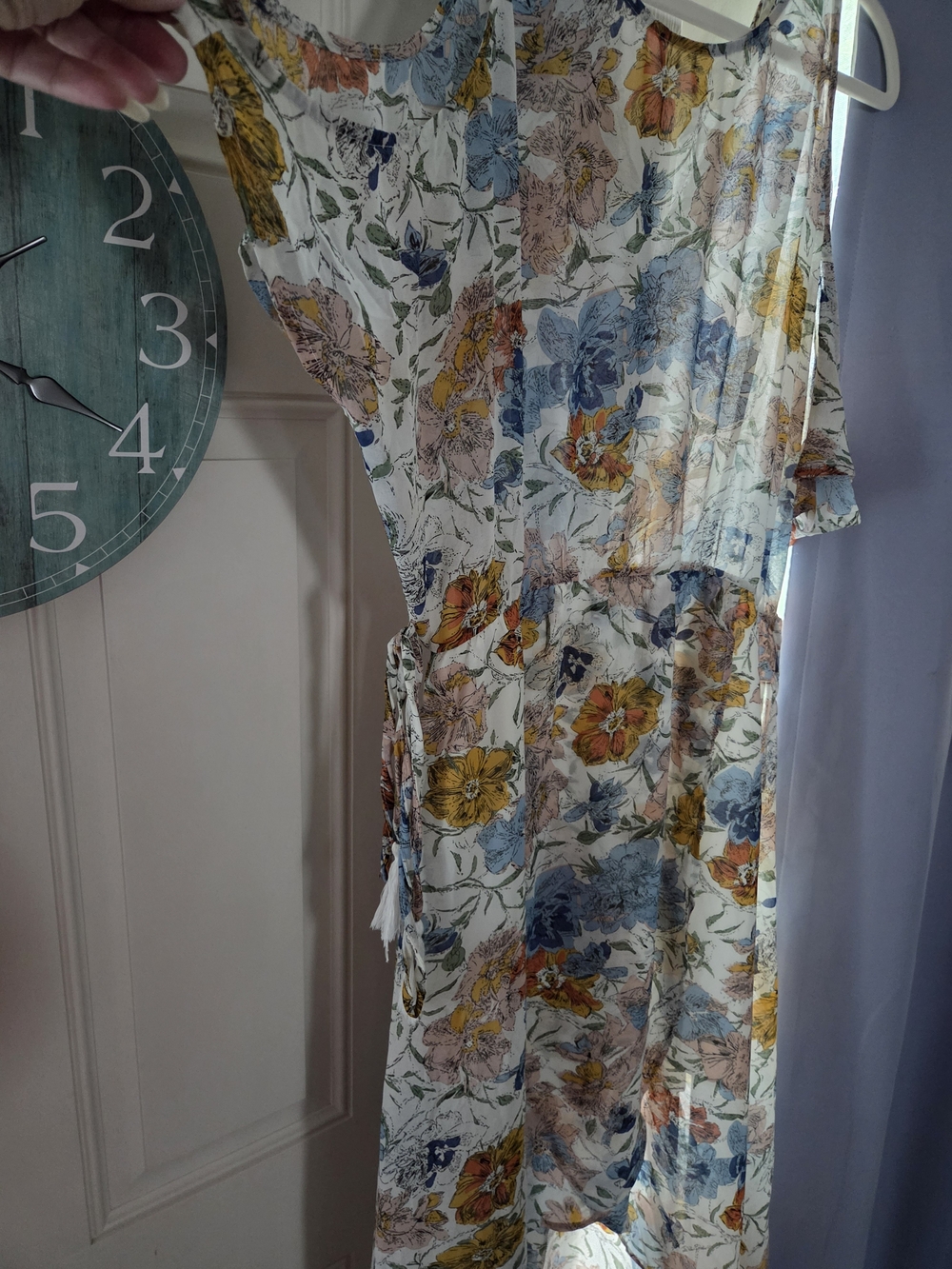 Umgee Cream Floral Cold-Shoulder Midi Dress with Blue and Yellow Blooms - Picture 7 of 8